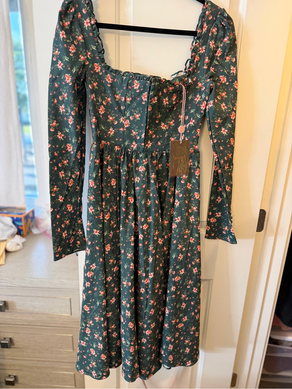 House of CB Dark Green Floral Long Sleeve Midi Dress